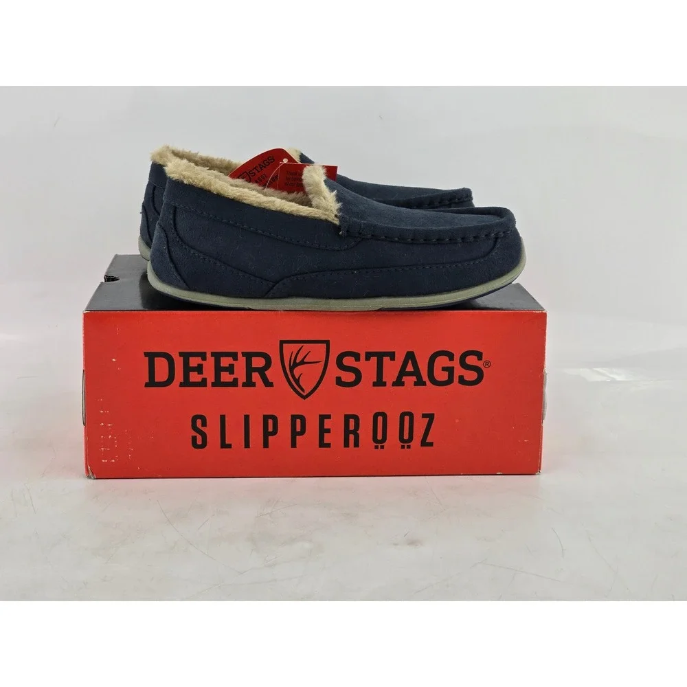 Deer Stags Lil Spun Slipperqz Boys Size 4 Navy Blue Moccasin Slippers - New